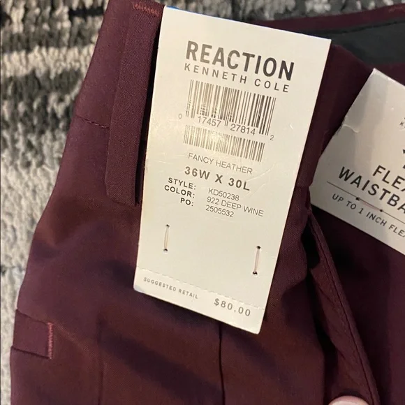 New Men’s Reaction by Kenneth Cole Dress Pants Deep Wine 36 x 30 - Picture 4 of 6